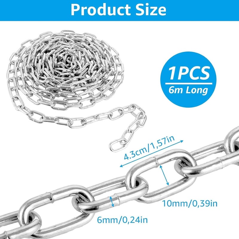 RHBLME 1/4" x 19.69 Ft Metal Chain, Galvanized Iron Coil Chain, Heavy Duty Chain Links Metal Decorative Chain, Camping Pet Dog Chain Hanging Chain for Swing Feeder Planters - Image 2
